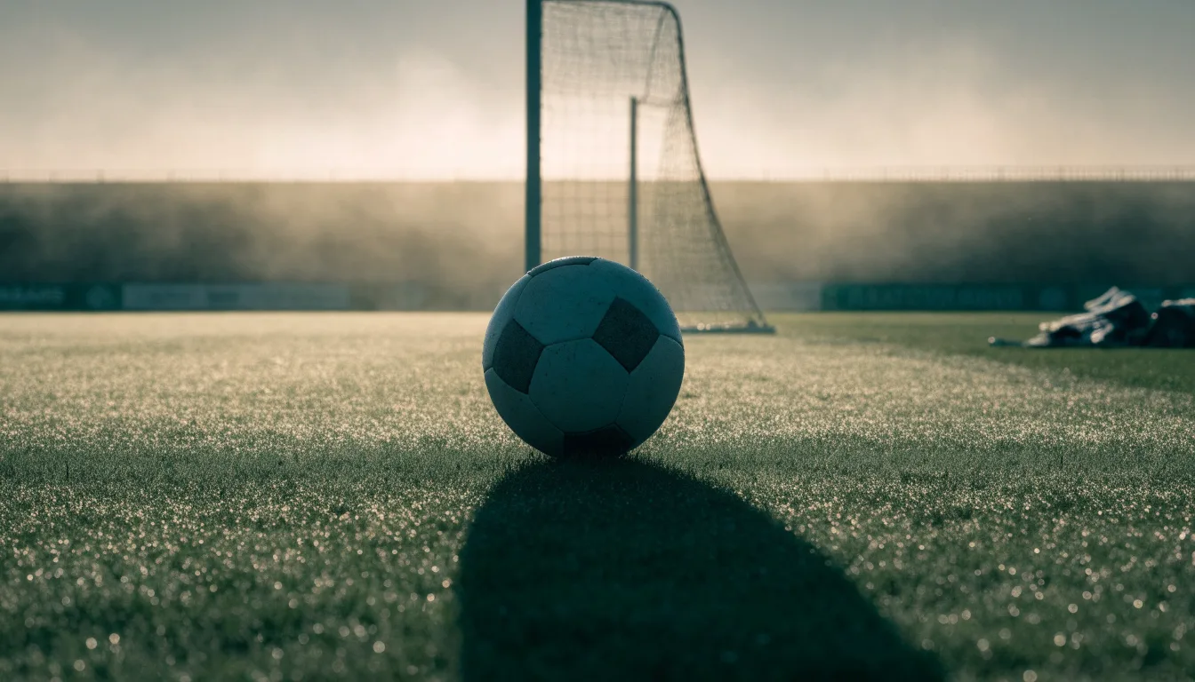Ein einzelner Fussball liegt auf dem Anstosspunkt eines leeren Rasenplatzes am frühen Morgen, Tau glitzert auf dem Gras, die Tribüne liegt im Dunst.