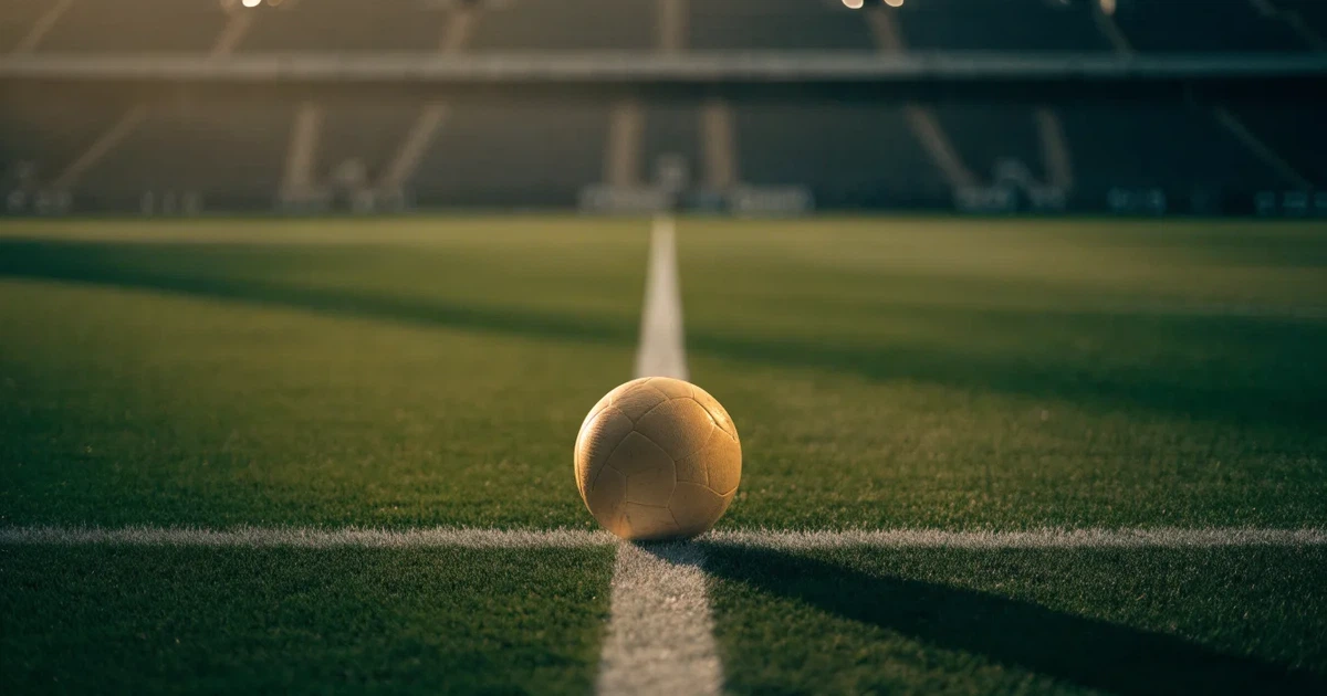 Ein Fussball liegt auf dem Mittelkreis eines Rasenfelds, die weissen Linien kreuzen sich auf dem gepflegten Gras im warmen Abendlicht.