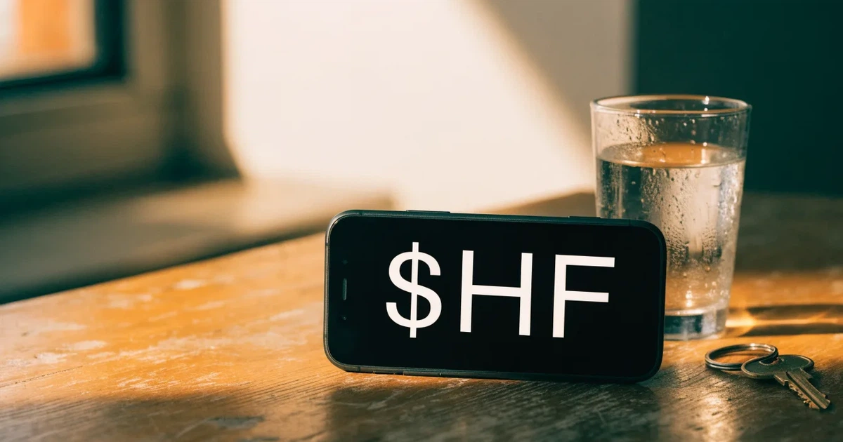 Ein Smartphone mit schwarzem Display liegt auf einem Holztisch neben einem Glas Wasser und einem Schlüsselbund.