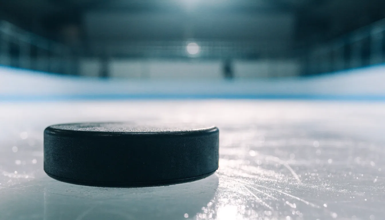 Ein Eishockeypuck liegt auf dem Eis, im Hintergrund unscharf die Bande unter hellem Hallenlicht.