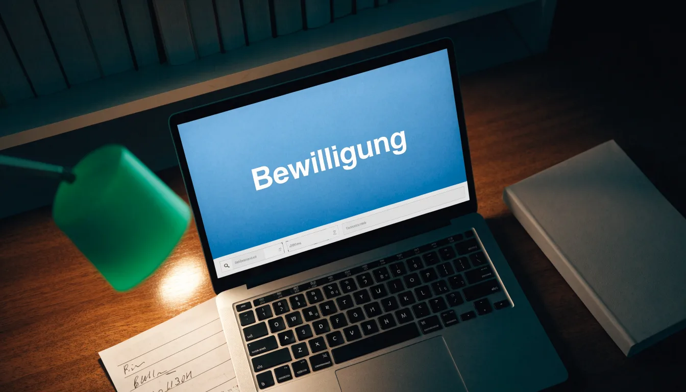 Eine Bibliothek mit hohen Holzregalen voller Bücher, im Vordergrund ein Lesetisch mit grüner Lampe.