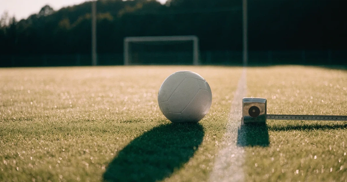 Ein Fussball und ein Massband liegen auf kurz geschnittenem Rasen neben einer Kreidelinie, Morgenlicht von der Seite.