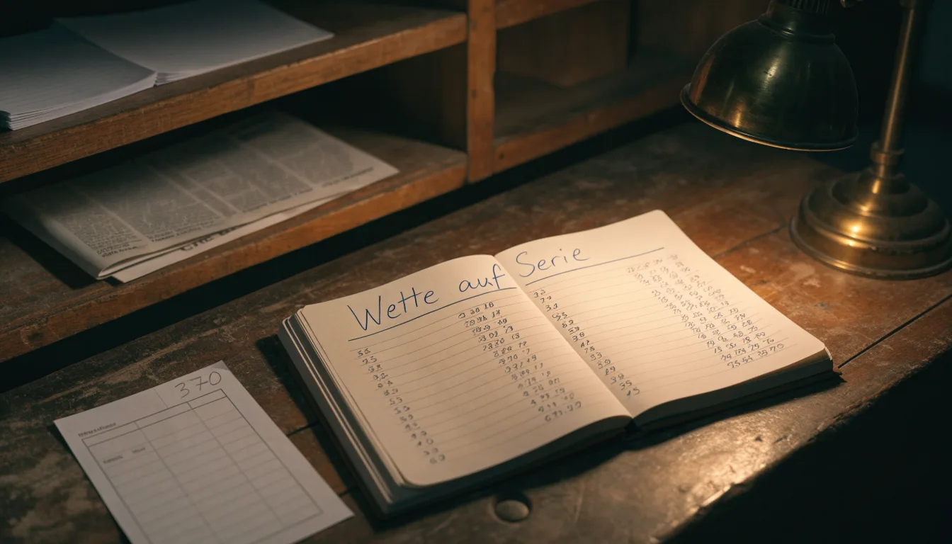 Ein alter Holztresen mit einem Notizbuch und einem Taschenrechner in warmem Lampenlicht, Regale im Hintergrund.