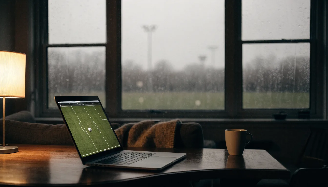 Ein Sofa mit Wolldecke steht vor einem grossen Fenster, draussen Regen und in der Ferne ein Fussballplatz.