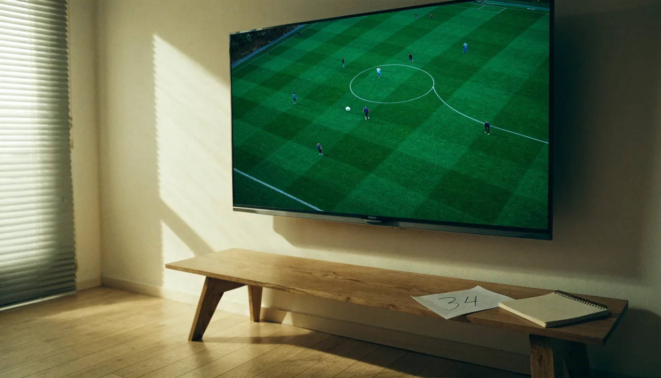 Ein Tischfussballtisch steht in einem leeren Aufenthaltsraum, Nachmittagslicht fällt durch ein Fenster.