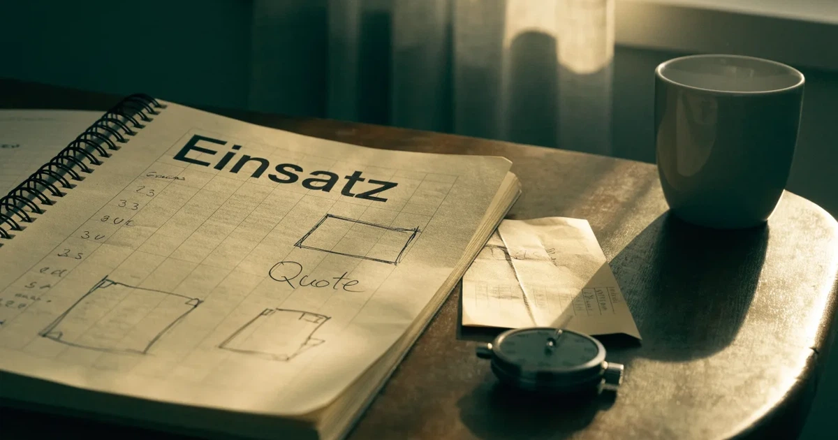Ein aufgeschlagenes Notizbuch mit handschriftlichen Notizen und Skizzen liegt neben einer Stoppuhr auf einem Holztisch.