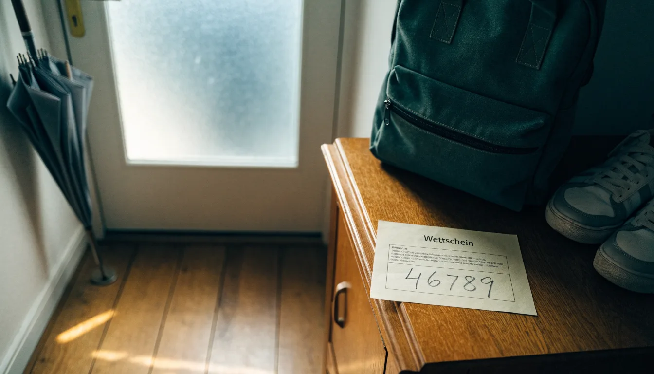 Ein Rucksack und Turnschuhe stehen an einer Haustür, daneben ein Regenschirm, durch das Glas fällt Morgenlicht.
