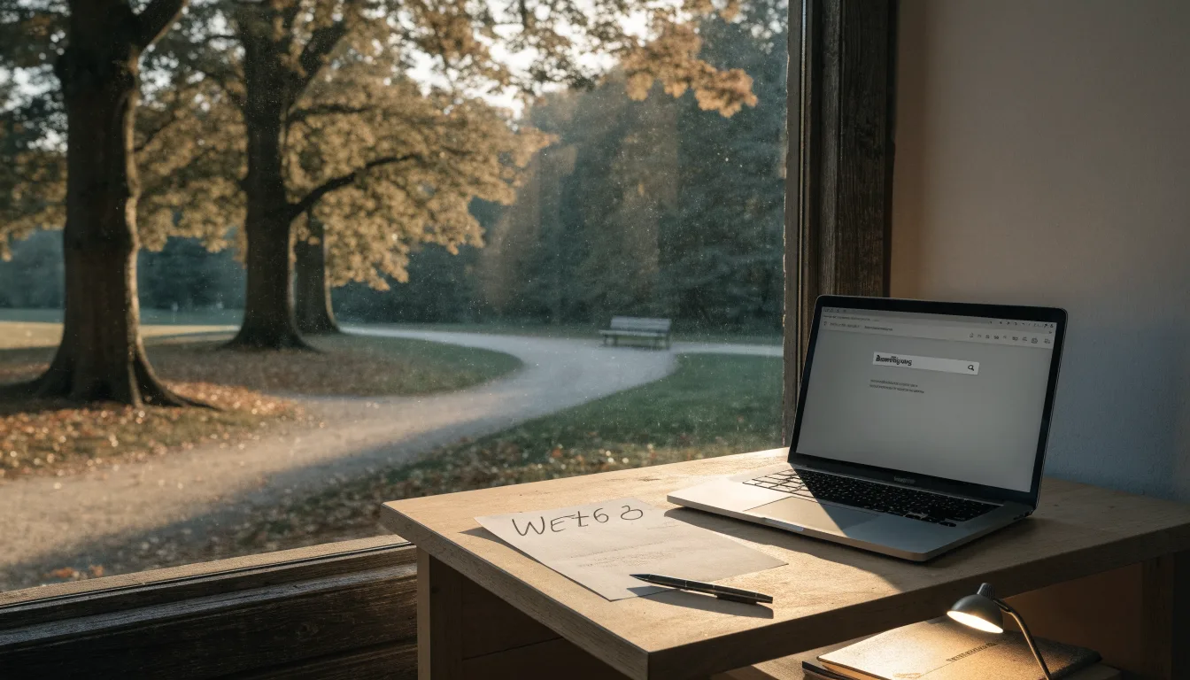 Eine Parkallee mit Kastanienbäumen und einer leeren Bank, Herbstlaub bedeckt den Kiesweg.