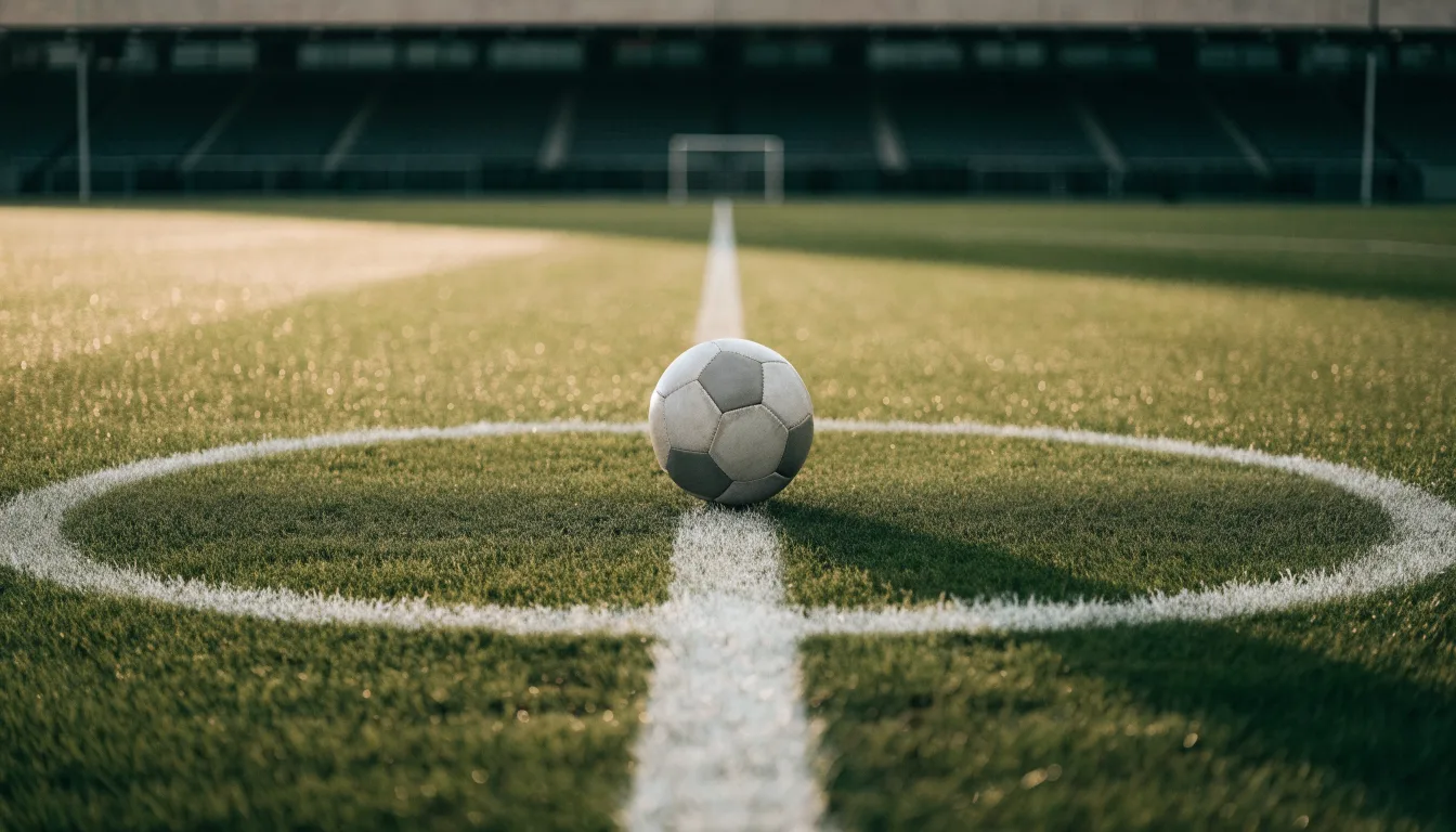 Ein Fussball liegt auf dem Anstosspunkt eines leeren Rasenplatzes im frühen Morgenlicht, dahinter erhebt sich eine menschenleere Tribüne.