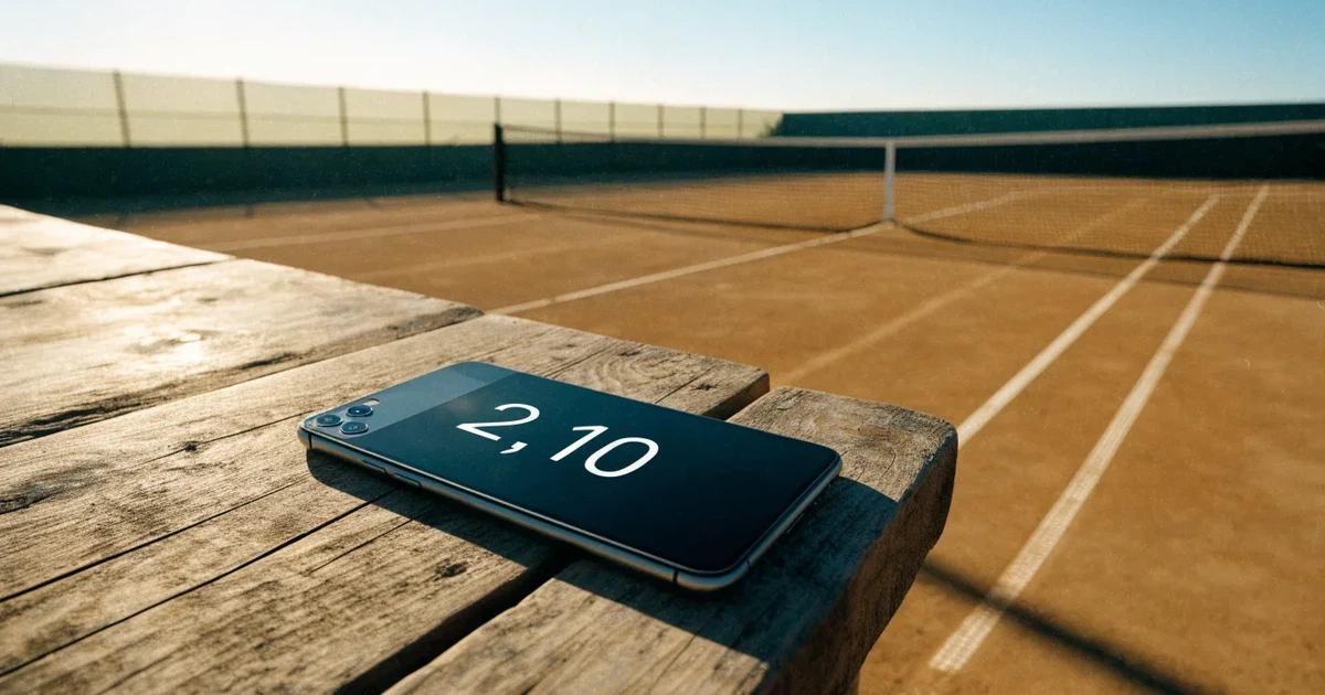Ein Sandplatz für Tennis liegt bei Sonnenaufgang still da, das Netz wirft einen langen Schatten über die weissen Linien.