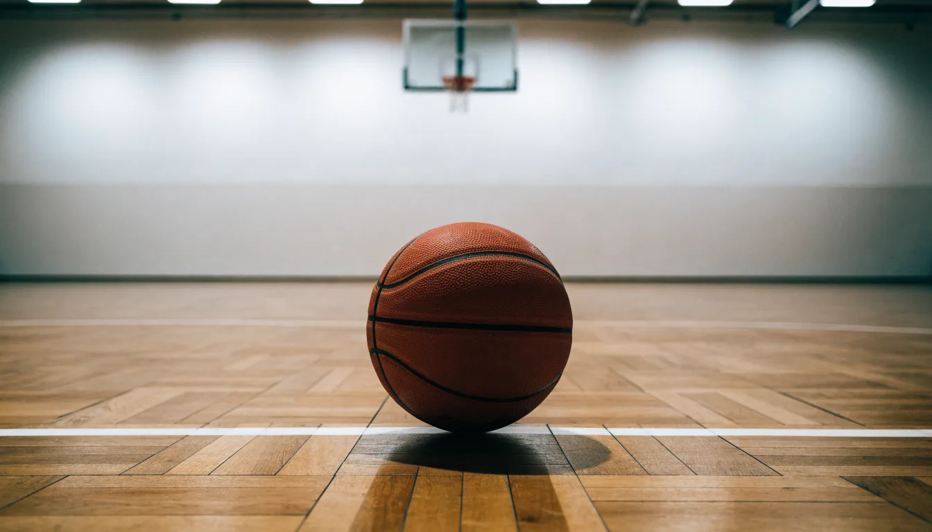 Ein Basketball liegt auf dem Parkett einer leeren Halle, von den Deckenlampen fällt gleichmässiges Licht auf den Boden.