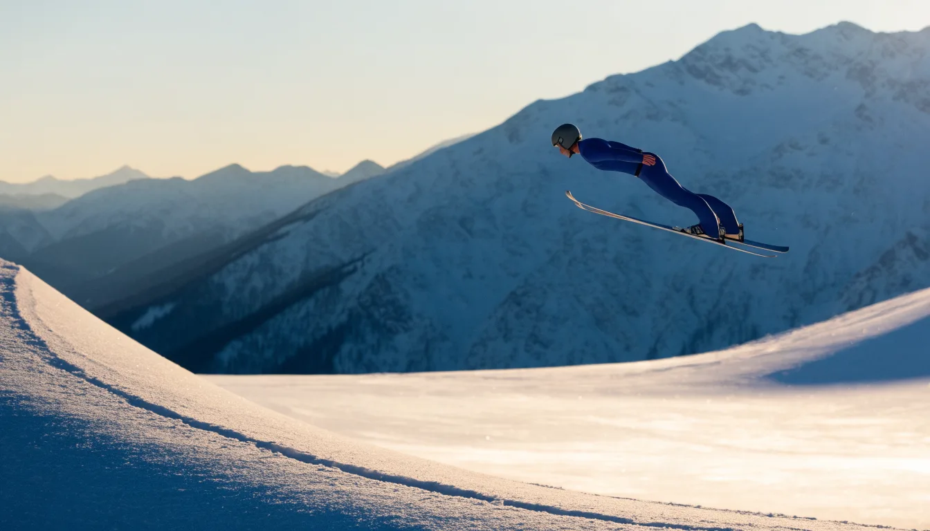 Eine Skisprungschanze erhebt sich vor verschneiten Bergen im Morgenlicht, die Hänge sind unberührt und ruhig.