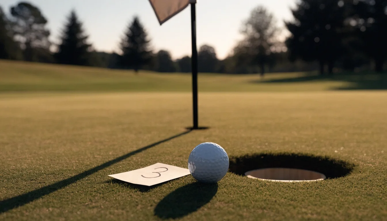 Ein Golfball liegt auf einem gepflegten Grün nahe am Loch, im goldenen Licht der Abendsonne.