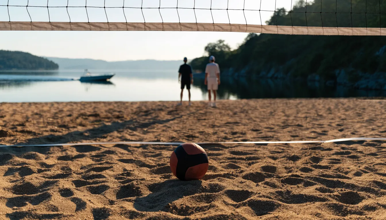 Ein Volleyball liegt im Sand eines Spielfelds am Seeufer, im Hintergrund gleitet ein Boot über das Wasser.