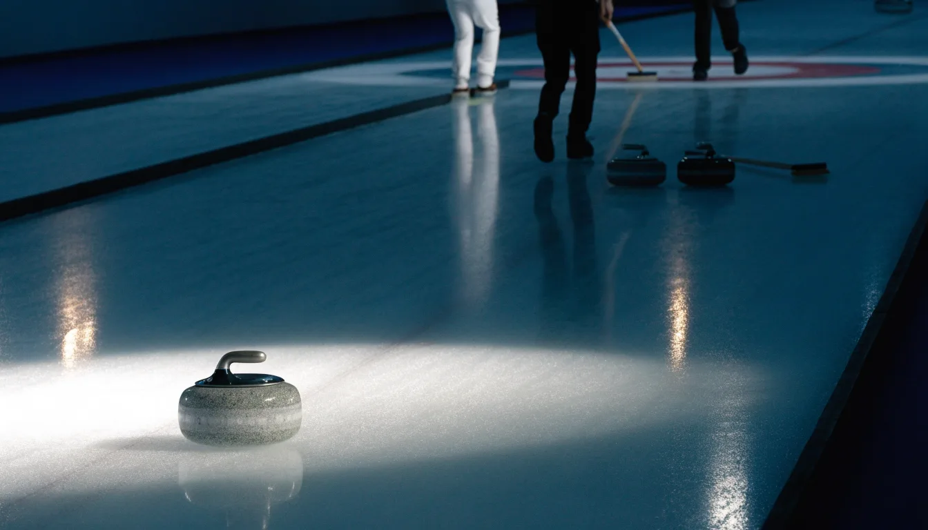 Mehrere Curlingsteine liegen auf einer glatten Eisfläche in einer leeren Halle, Deckenlicht spiegelt sich im Eis.