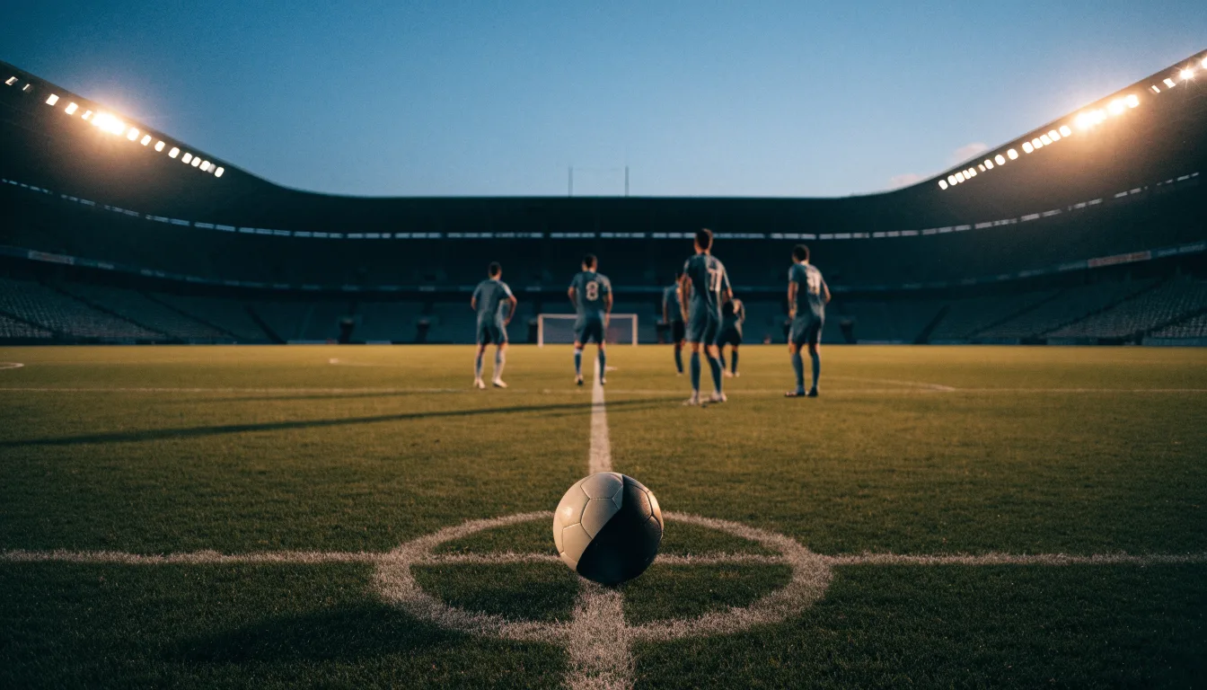 Ein Fussball liegt auf dem Mittelkreis eines leeren Rasenplatzes, dahinter ragen leere Tribünenreihen in den Abendhimmel.