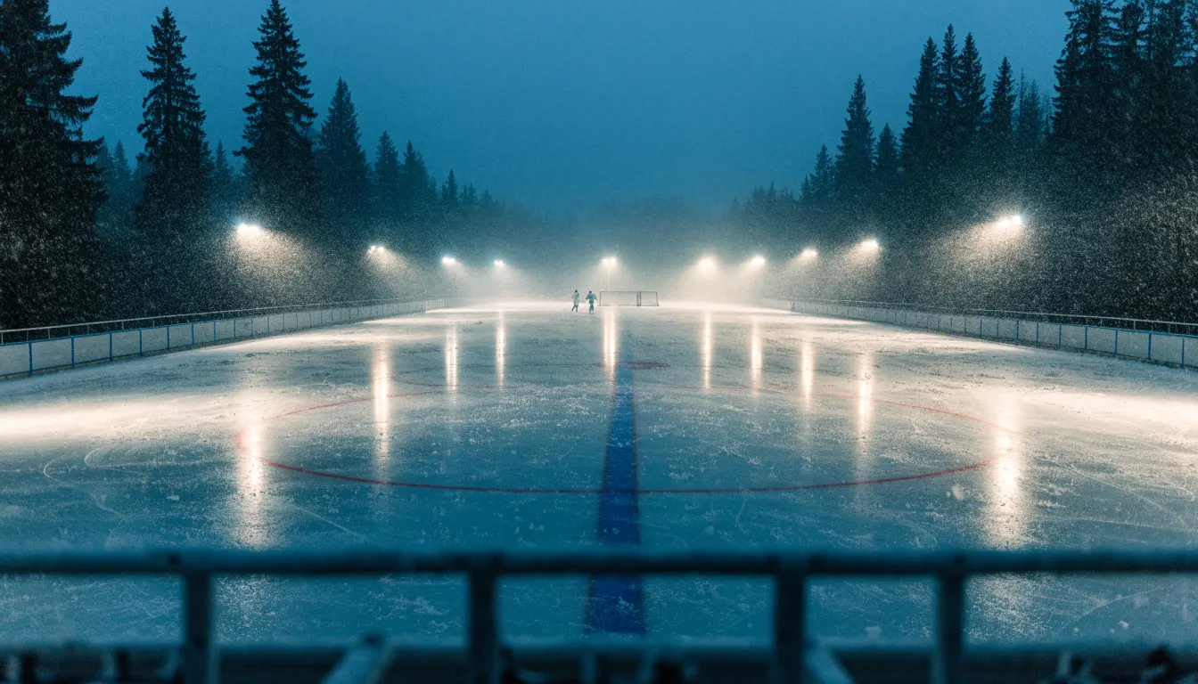 Eine Eishockeybahn liegt unter Flutlicht aus der Ferne betrachtet, leichter Schneefall treibt durch den Lichtkegel über dem Eis.