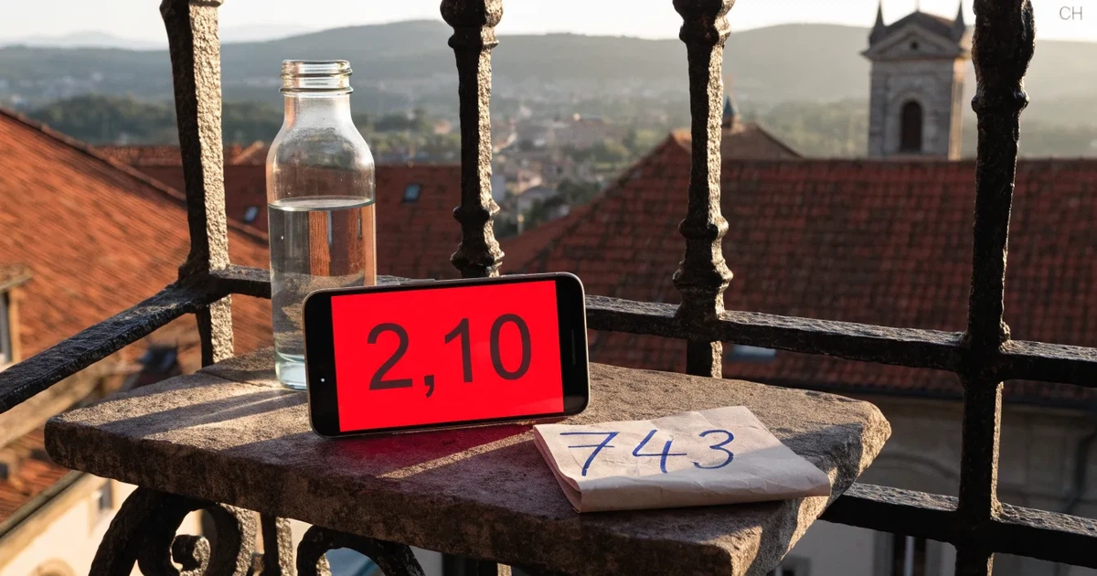 Ein Smartphone mit dunklem Display lehnt an einer Glasflasche auf einem Balkontisch, dahinter liegt eine Altstadt in der Abendsonne.