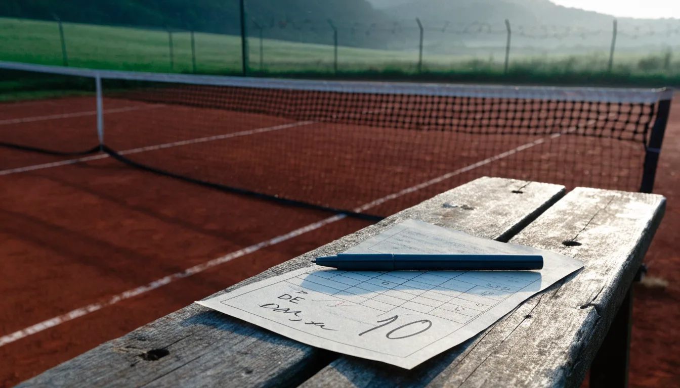 Ein Sandplatz für Tennis liegt bei Morgengrauen leer da, Tau glänzt auf dem Netz, hinter dem Zaun steigen Wiesen an.