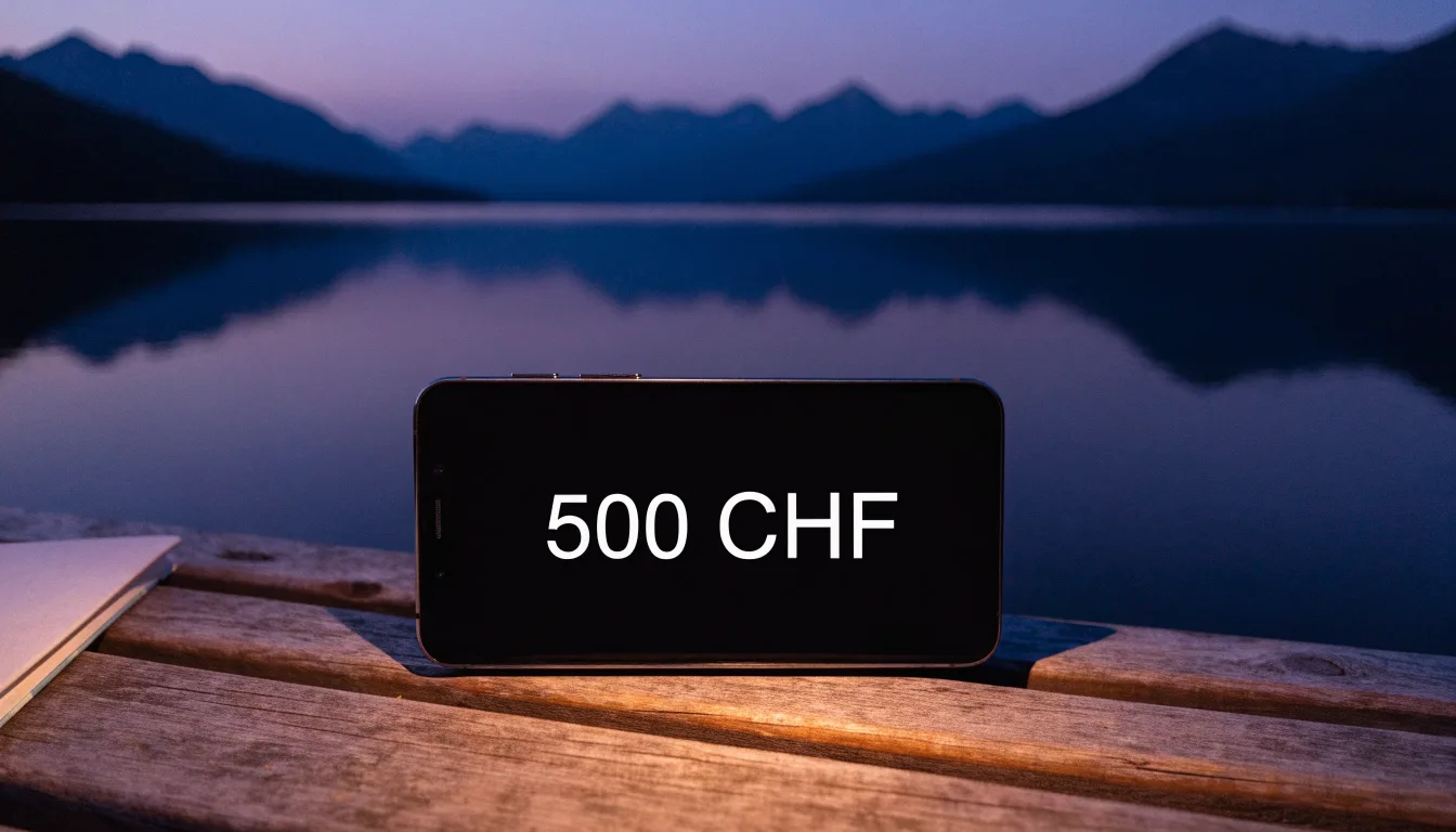 Eine Holzbank steht in der Dämmerung am Seeufer, im Hintergrund zeichnet sich ein Bergpanorama gegen den violetten Himmel ab.