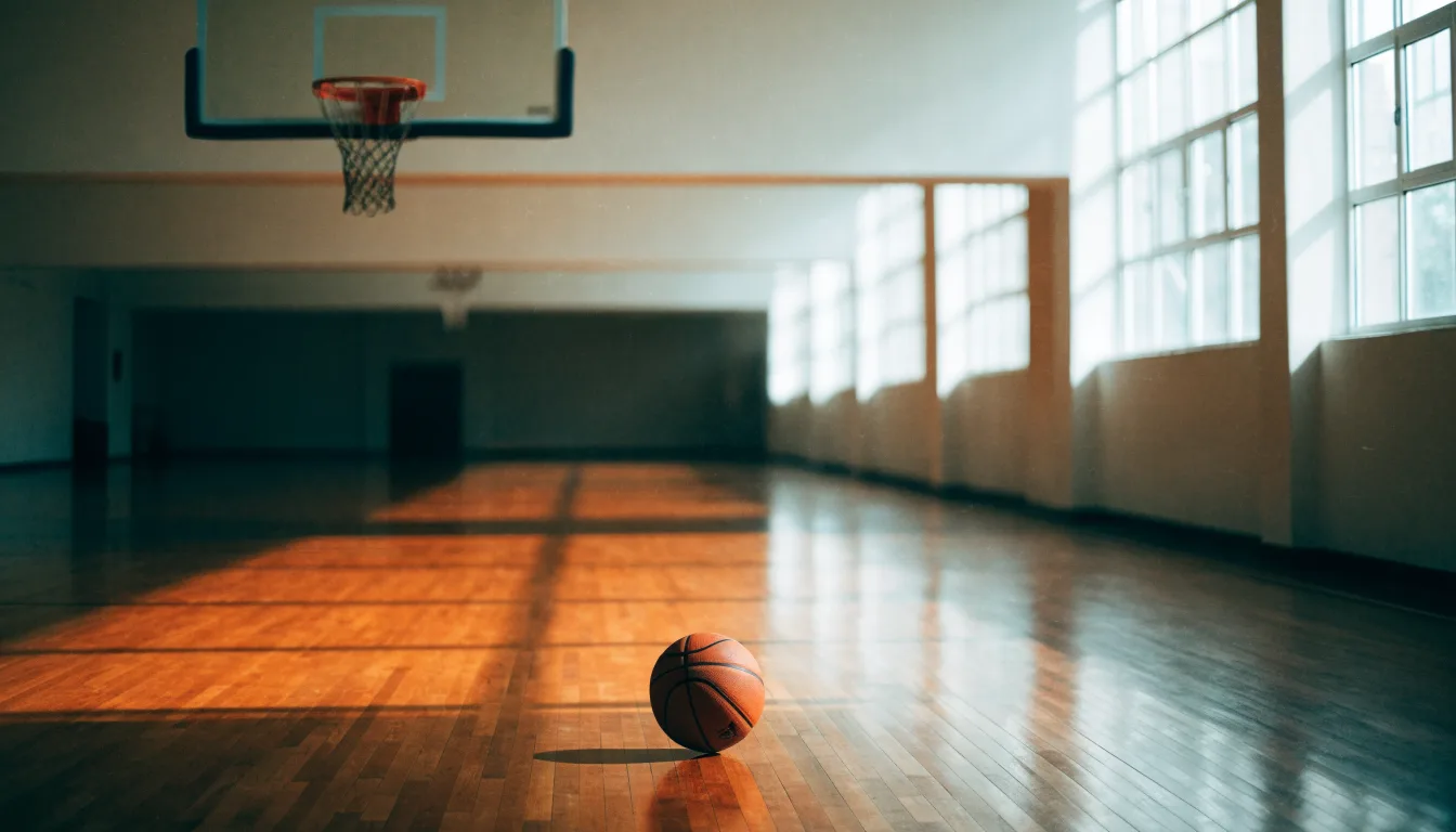 Ein Basketballkorb hängt in einer leeren Halle über einem Holzparkett, von der Decke fällt gleichmässiges Licht auf den Boden.