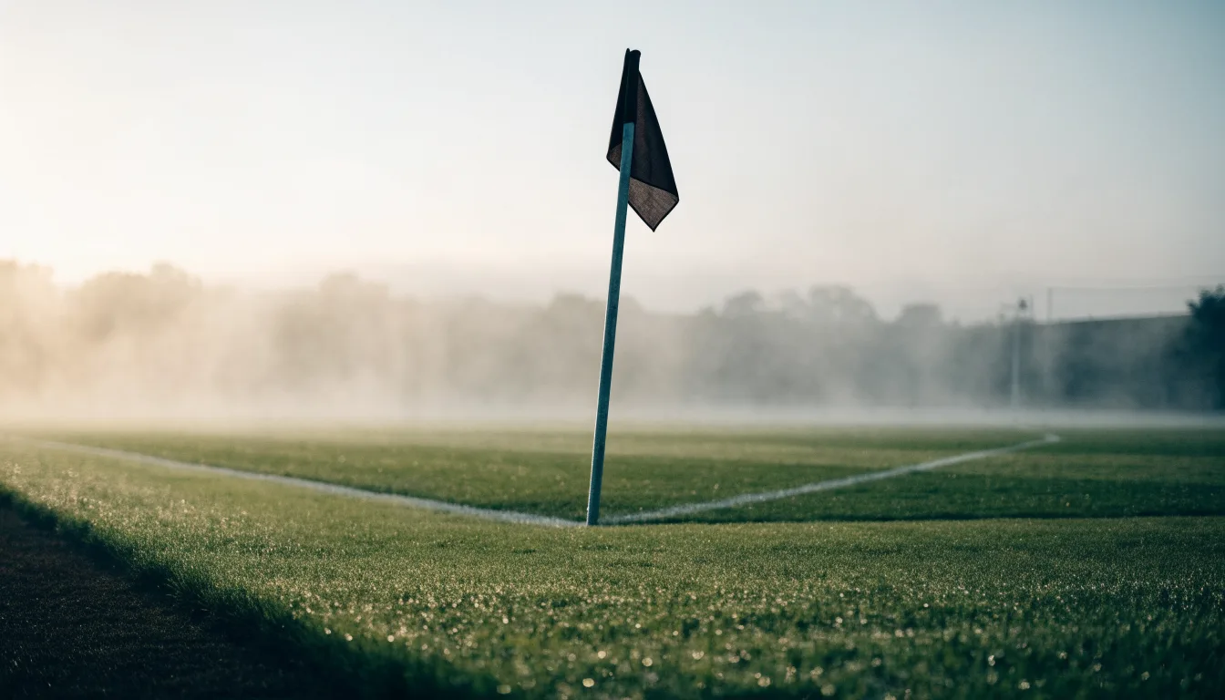 Eine Eckfahne steht am Morgen auf nassem Rasen, Tautropfen hängen im Gras und über dem Platz liegt leichter Dunst.