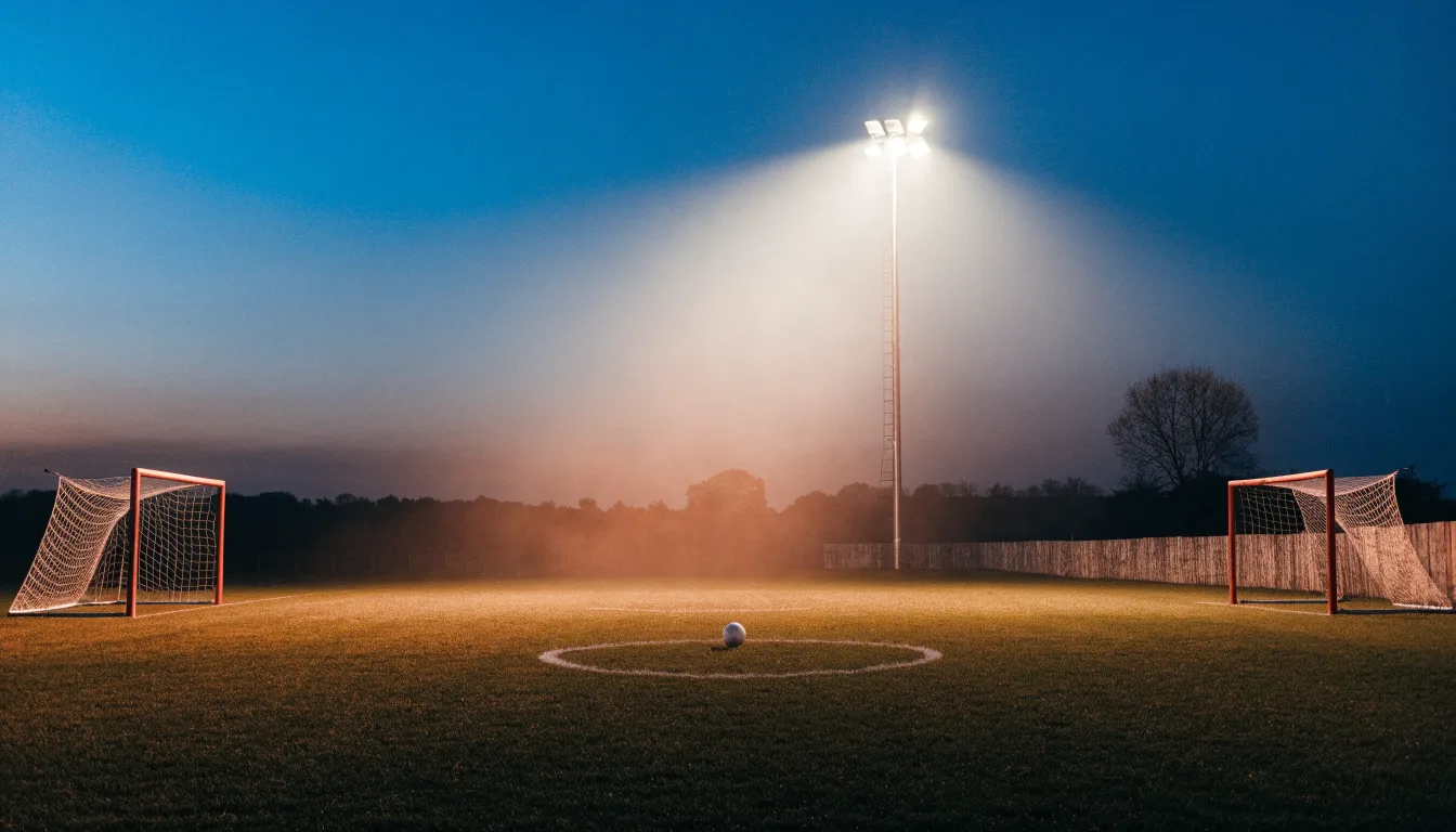 Ein kleiner Dorf-Fussballplatz liegt in der Dämmerung unter einem hohen Flutlichtmast, am Spielfeldrand steht ein Holzzaun.