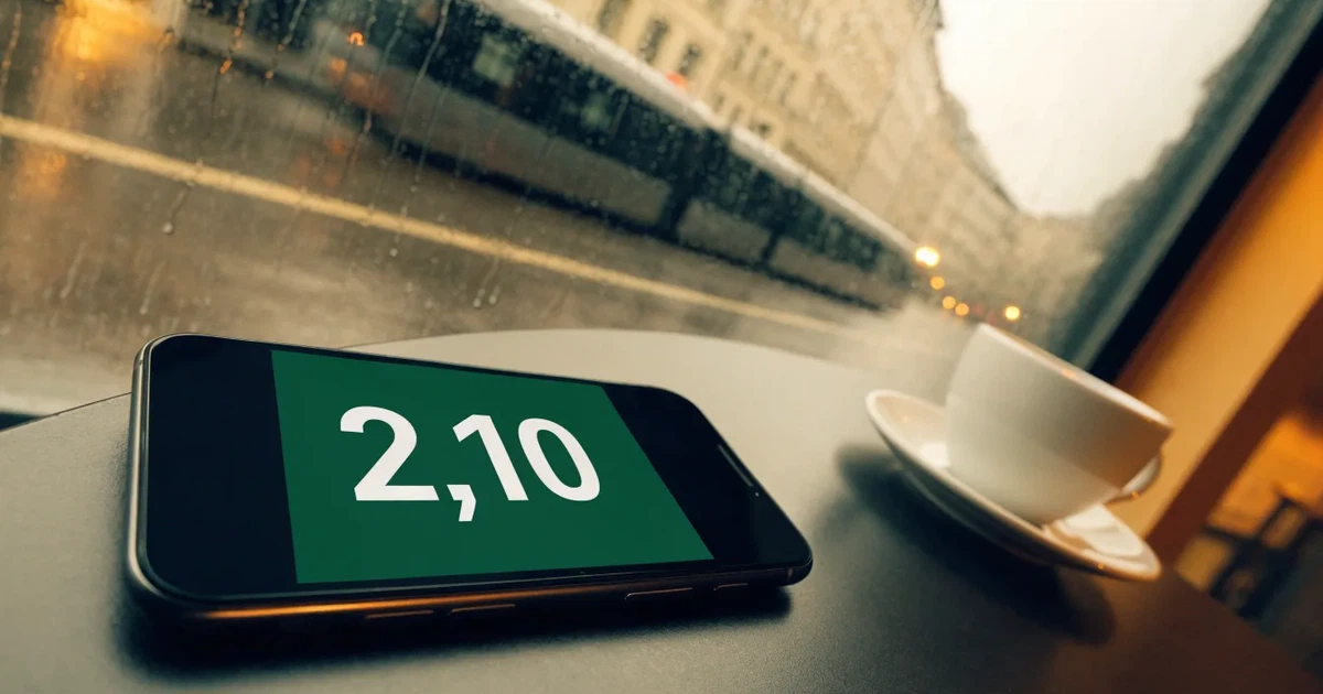Ein Café-Tisch am Fenster trägt ein Smartphone mit dunklem Display, an der Scheibe laufen Regentropfen herunter und draussen steht eine Tram.