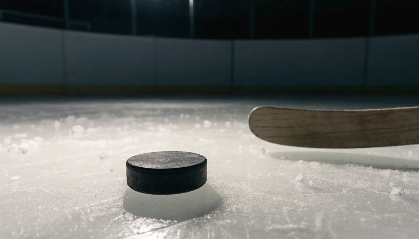 Ein Eishockeypuck liegt auf der Eisfläche neben dem Blatt eines Schlägers, die Bande dahinter ist im Dunkeln nur schwach zu erkennen.