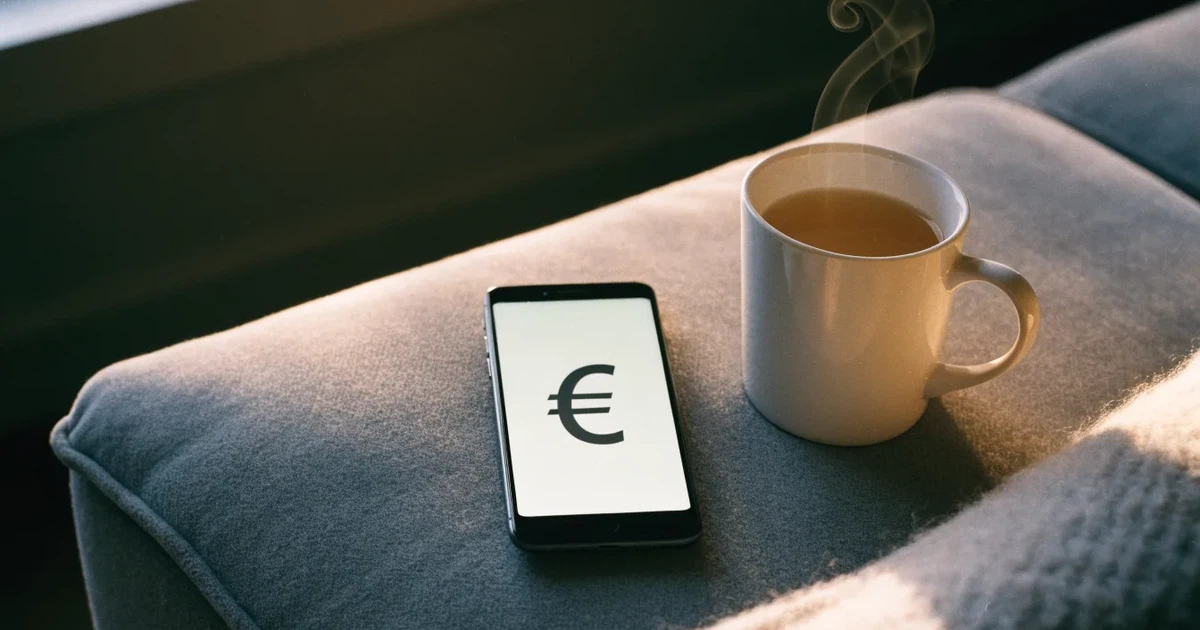 Ein Tablet mit schwarzem Display liegt auf einem Sofakissen, daneben ein Becher mit Tee, vom Fenster her fällt Abendlicht.