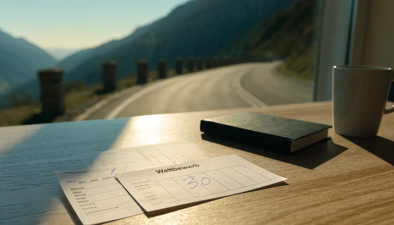 Eine leere Passstrasse mit Serpentinen windet sich im Morgenlicht einen Berg hinauf, am Rand stehen niedrige Steinpfosten.