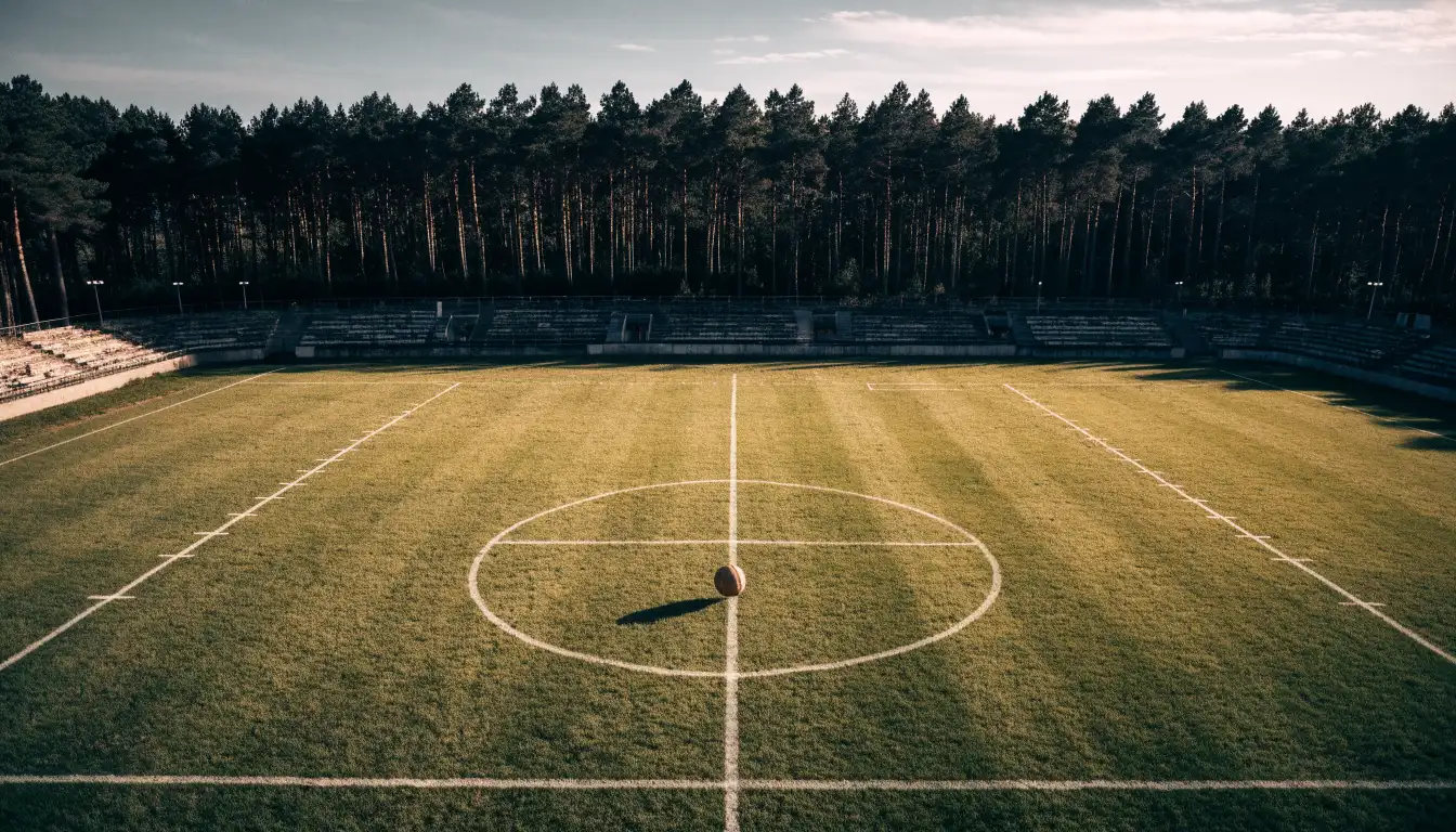 Ein Rasenplatz mit Spielfeldlinien ist von oben gesehen, ein einzelner Ball liegt in der Mitte, rundherum stehen leere Tribünen und Tannenwald.