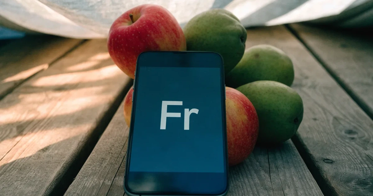 Ein Smartphone mit dunklem Display liegt auf dem Holztisch eines Marktstands zwischen Äpfeln und Birnen, morgendliches Licht fällt durch eine Plane.