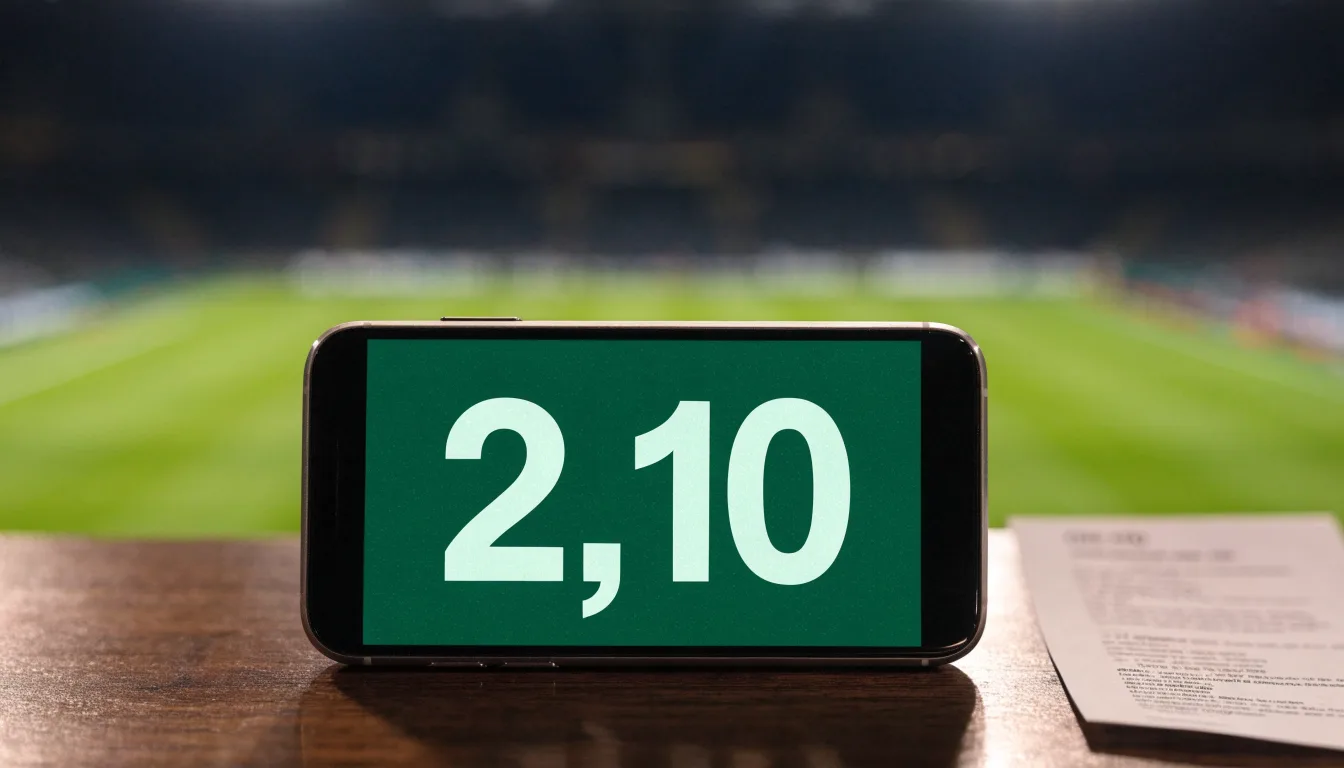 Leere Tribünenränge eines Fussballstadions in der Abenddämmerung, über dem Rasen leuchten die Flutlichter.