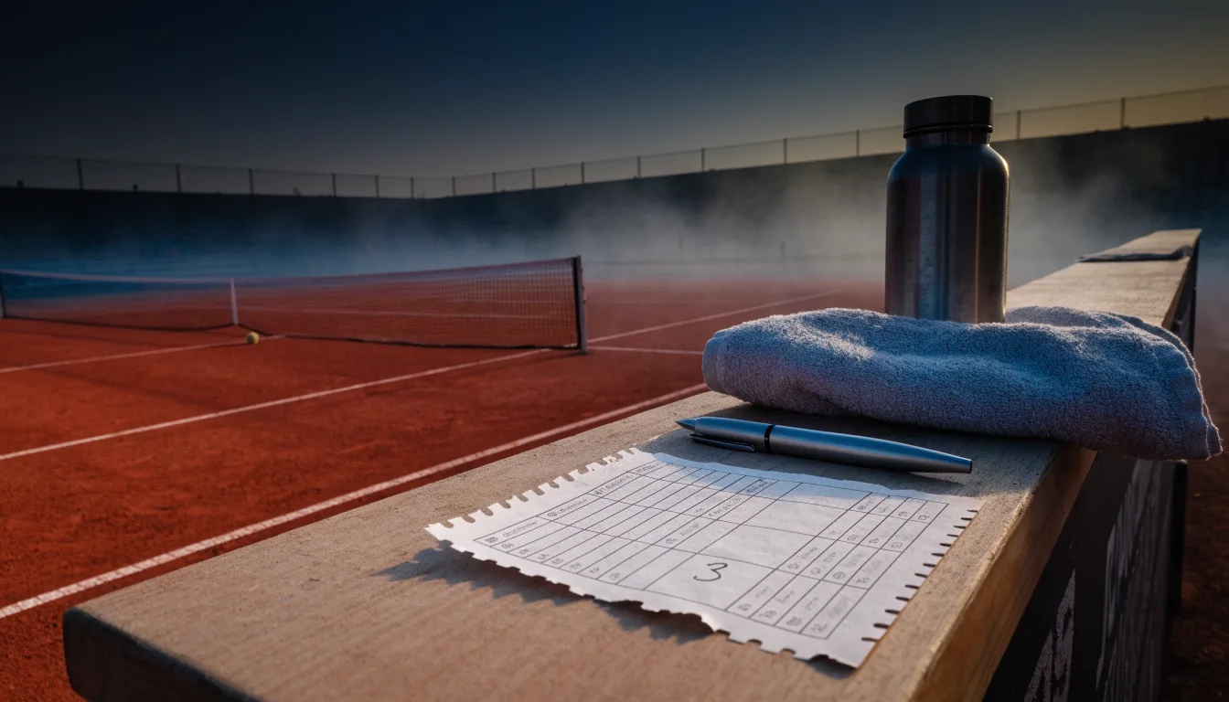 Ein Tennisplatz im Morgengrauen mit gespanntem Netz und feinem Dunst über der roten Asche.