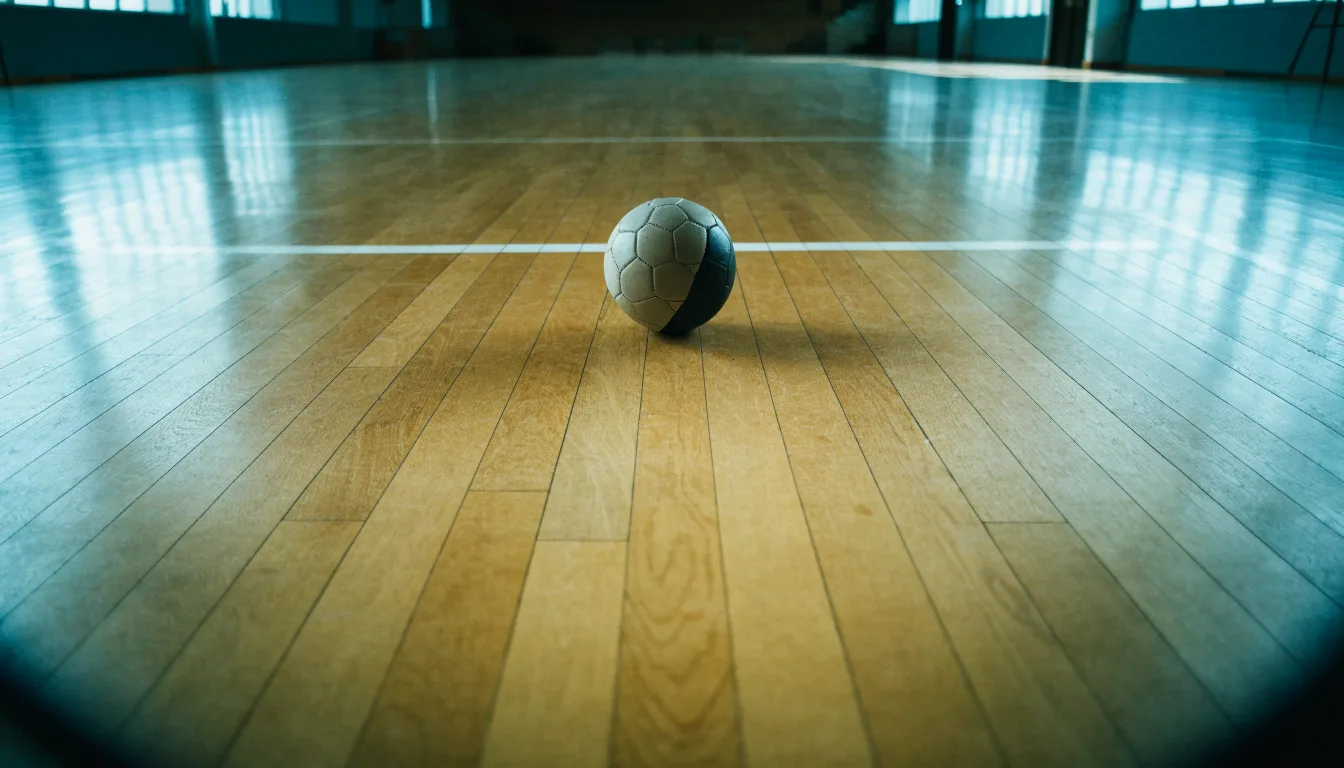 Der Boden einer Sporthalle aus poliertem Parkett mit einem einzelnen Handball in der Mitte, Licht fällt durch hohe Fenster.