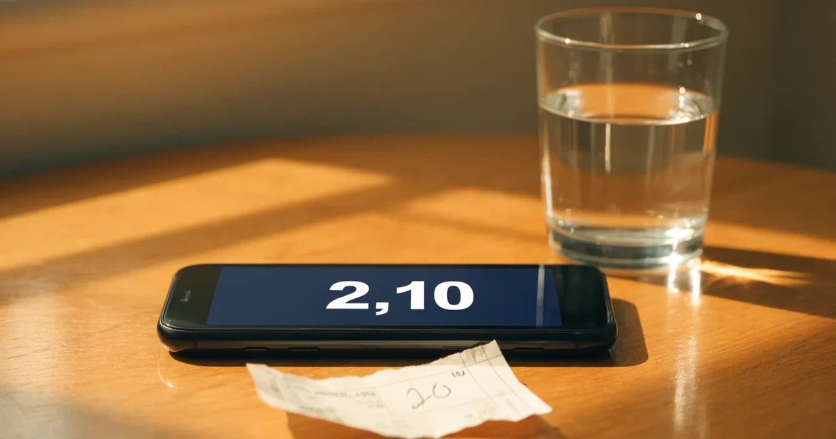 Ein Smartphone liegt mit dem Display nach unten auf einem Holztisch neben einem Wasserglas.