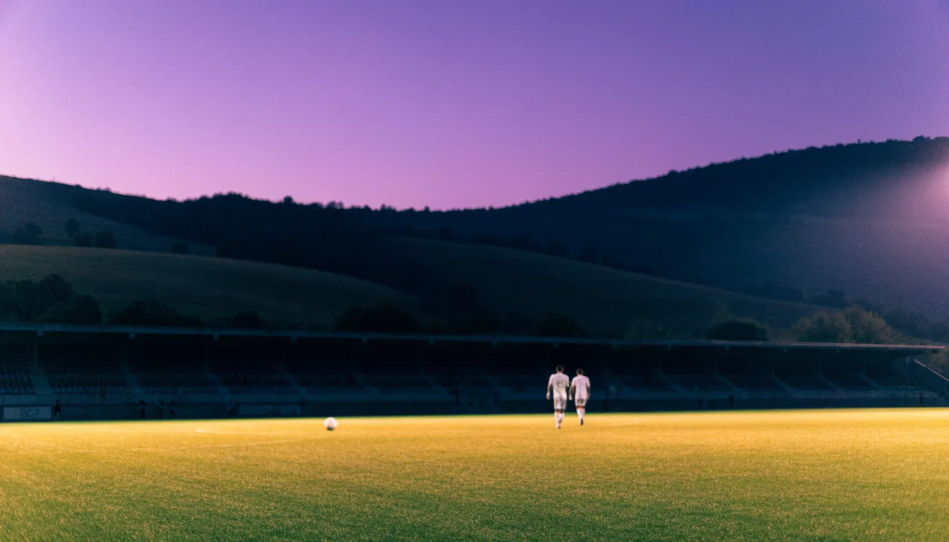 Die Silhouette eines Stadiondachs vor dem violetten Abendhimmel, dahinter eine Hügelkette.