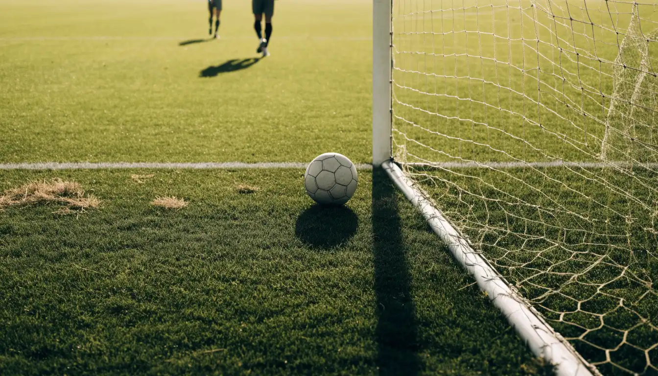 Ein Fussballtor mit locker hängendem Netz auf einem Trainingsplatz, das sich leicht im Wind bewegt.