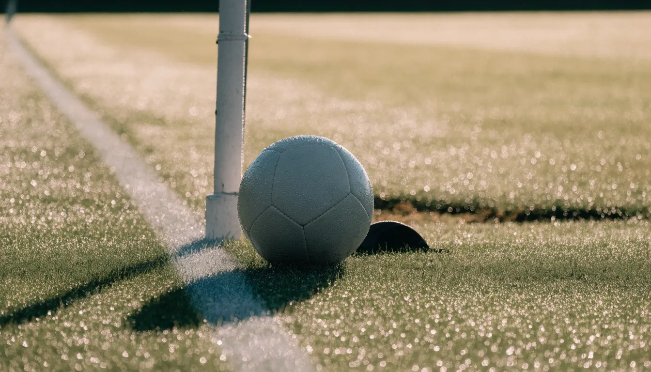 Ein Fussball ruht an der Seitenlinie im taufeuchten Gras, die ersten Sonnenstrahlen fallen schräg über den Platz.