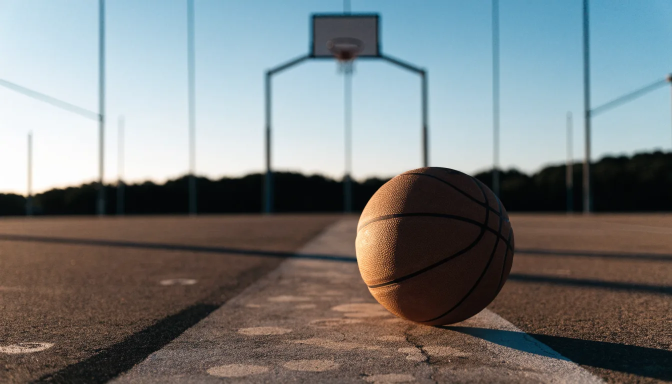 Ein Basketball liegt bei Sonnenuntergang auf einem leeren Aussenplatz, lange Schatten fallen über den Boden.
