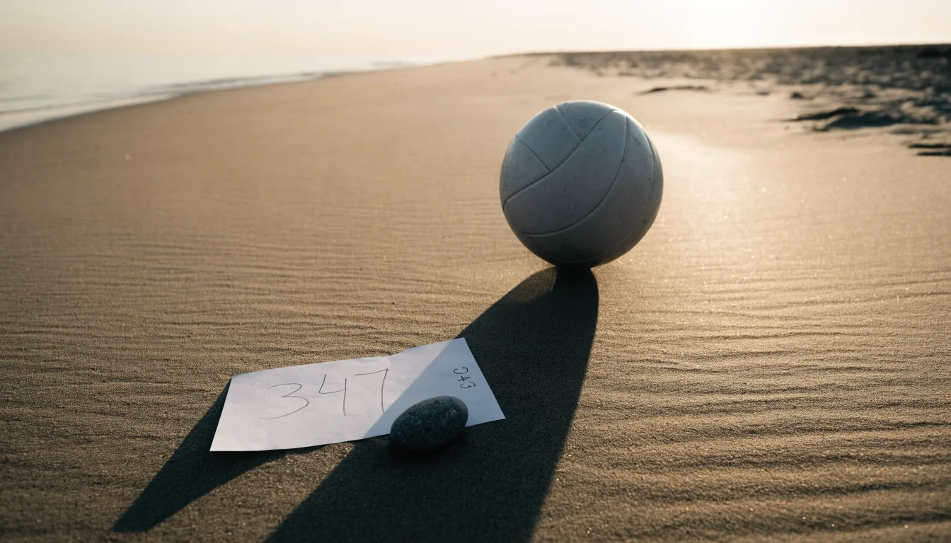 Ein Volleyball liegt auf feinem Sand an einem leeren Strand bei Sonnenaufgang.