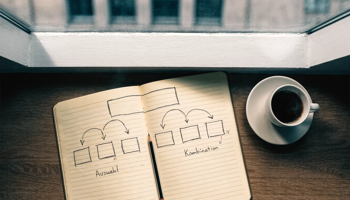 Ein aufgeschlagenes Notizbuch mit handschriftlichen Pfeilen und Kästchen liegt neben einer Kaffeetasse auf einem Schreibtisch am Fenster.