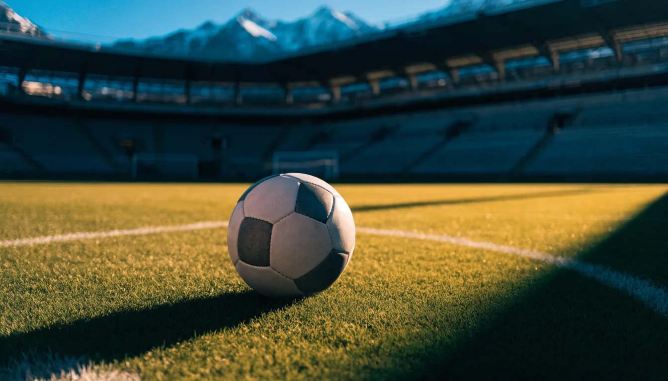 Ein Fussball liegt auf dem Rasen eines leeren Stadions am frühen Abend, dahinter erheben sich schneebedeckte Berge unter klarem Himmel.