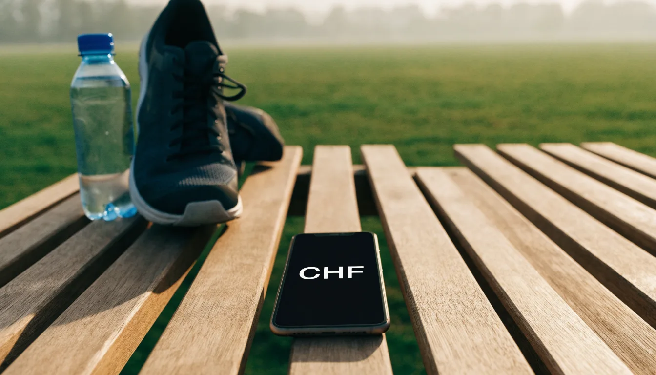 Ein Smartphone mit dunklem Bildschirm lehnt an einer Wasserflasche, daneben stehen Laufschuhe auf einer Bank am Sportplatz.