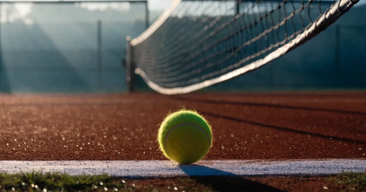 Ein Tennisplatz im ersten Morgenlicht, das Netz hängt leicht durch und auf der Grundlinie liegt ein einzelner Ball.