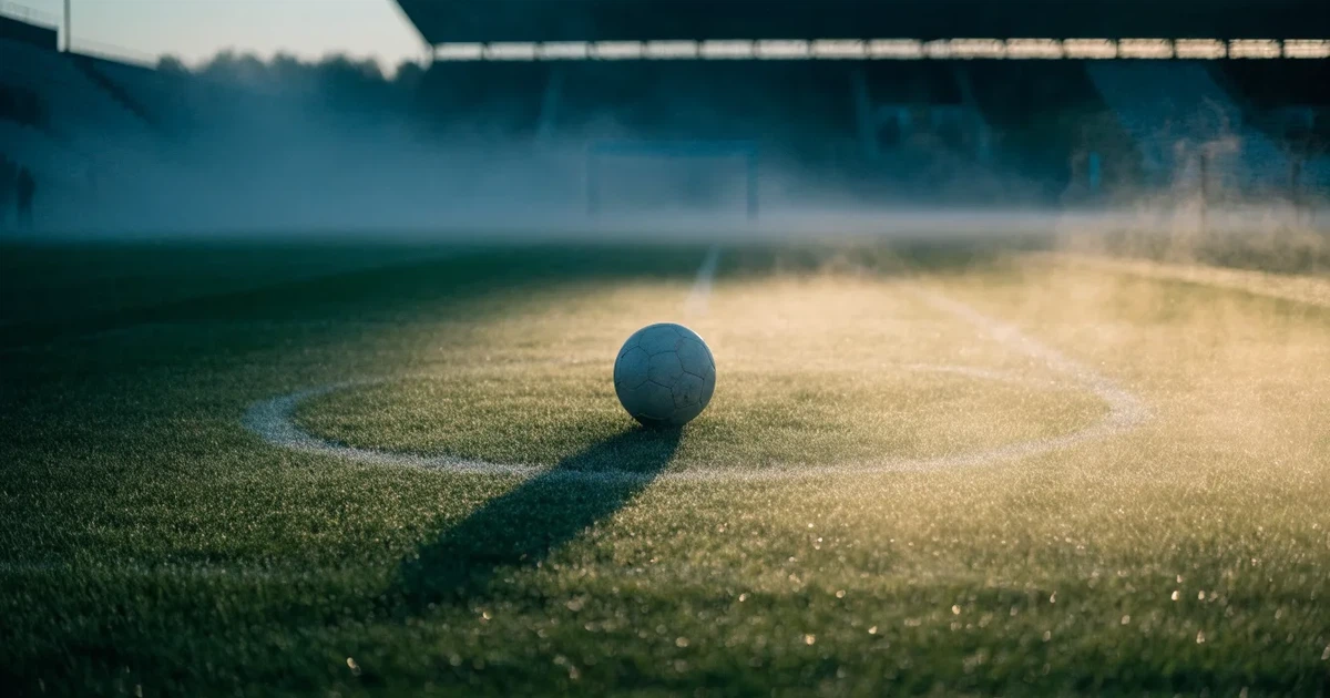 Ein Fussballplatz im Morgennebel, im Mittelkreis liegt ein einzelner Ball und der Rasen glänzt vom Tau.