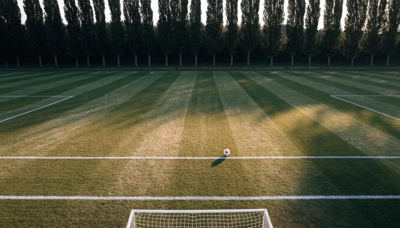 Ein leerer Fussballplatz mit weissen Linien von oben gesehen im Morgenlicht, am Rand stehen zwei Tore und eine Reihe Pappeln.
