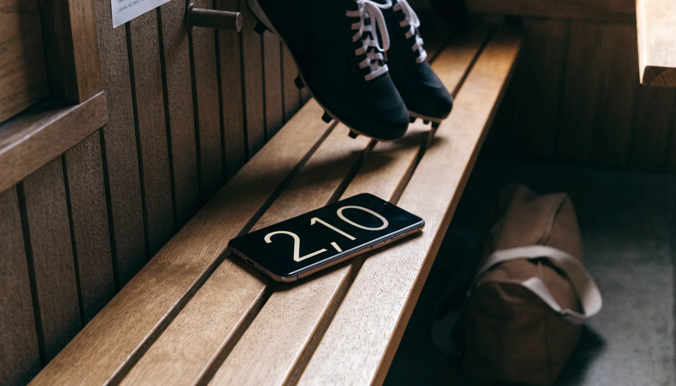 Ein Paar Fussballschuhe hängt an einem Haken in einer ruhigen Umkleide, darunter steht eine Sporttasche auf einer Holzbank.