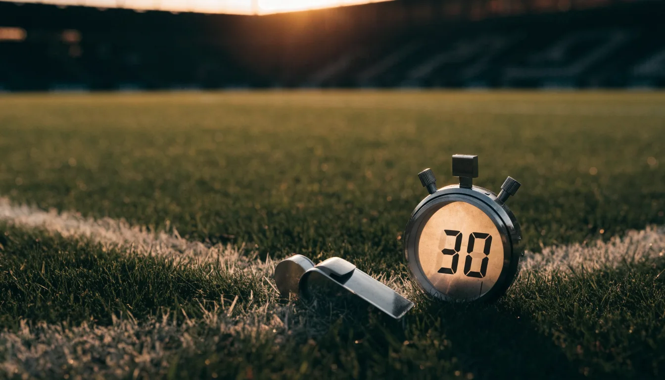 Eine Stoppuhr liegt neben einer Trillerpfeife auf einem Stück Rasen an der Seitenlinie eines Fussballfelds im Gegenlicht.